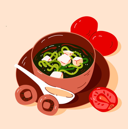 miso soup. A dish of Japanese cuisine, soup with miso paste. vector illustrationのイラスト素材