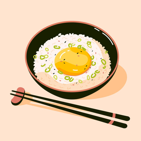 Tamago kake gohan, a traditional dish of Japanese cuisine. Japanese breakfast rice with egg. vector illustrationのイラスト素材