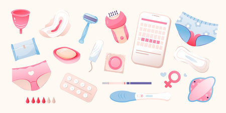 Feminine hygiene products set, menstrual cup, tampon, pad, pregnancy test, condom. menstrual cycle. Women's Health. vector illustrationのイラスト素材