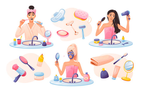 Morning hygiene collection. A set of women doing morning hygiene in the bathroom. A set of items for morning feminine hygiene. self care at home. Young girl during daily hygiene.のイラスト素材