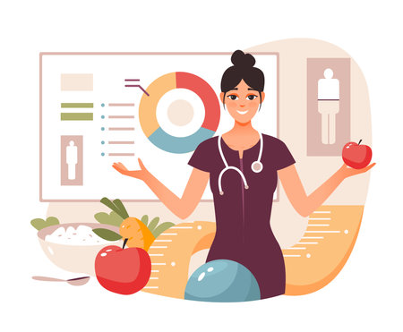 nutritionist concept. weight loss program and diet plan. Diet therapy with healthy food and physical activity. flat vector illustrationのイラスト素材