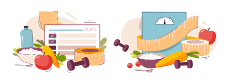 nutritionist concept. Diet plan with healthy food and physical activity. vector illustrationのイラスト素材