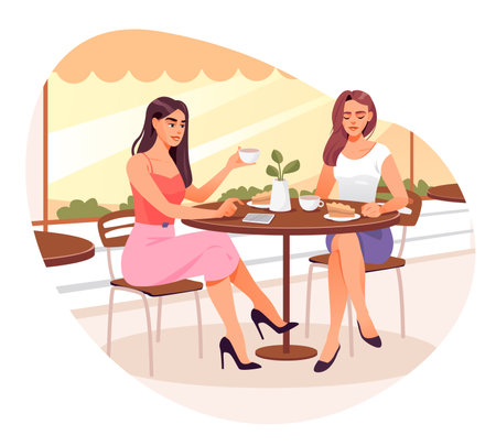 Girlfriends meeting in coffeehouse in the morning. Girls drink coffee in a coffee shop. Girls talking, sitting at summer cafeteria terrace. cartoon vector illustration.のイラスト素材