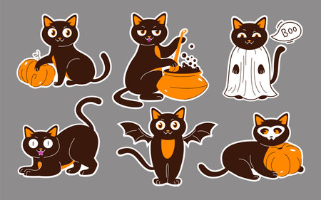 Halloween cats. Black cats with a pumpkin, in costumes and with a potion. flat vector illustrationのイラスト素材