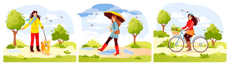 spring park. Set of young girls walking in the park in spring. The girl drinks coffee, walks the dog, rides a bike. cartoon vector illustrationのイラスト素材
