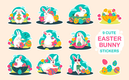 Stickers with Easter bunnies, spring flowers and colored eggs. easter spring elements. Vector flat illustration.のイラスト素材