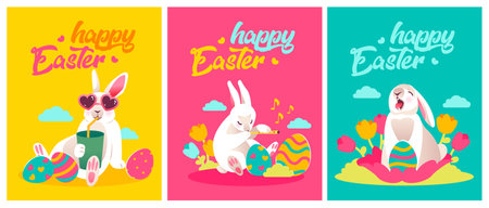 <p>Happy easter, vector greeting cards with cute bunnies, easter eggs and flowers.</p><p><br></p>のイラスト素材