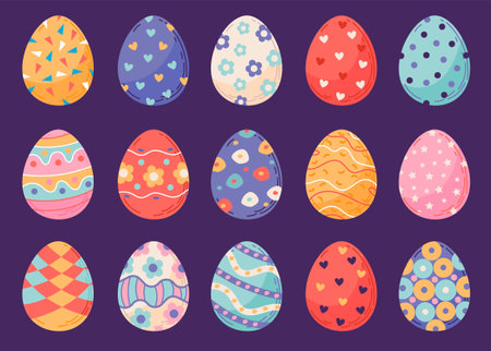 <p>A colorful collection of easter eggs with different designs. spring holiday. happy easter.</p>のイラスト素材