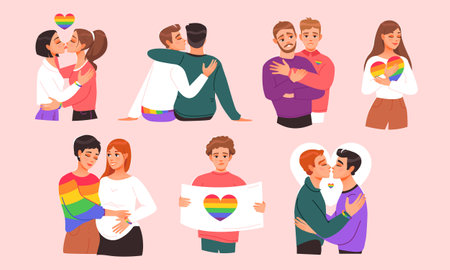 LGBT couples kissing, hugging, expecting a baby. Same-sex couples. LGBT pride month. Homosexual community, LGBTQ group of women lesbians and men gays in romantic relationships.のイラスト素材