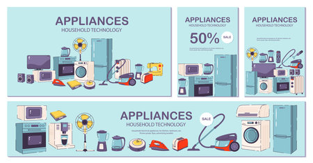 Household and kitchen appliances. Template for banners, flyers, landing pages, posters with electrical devices. flat vector illustrationのイラスト素材