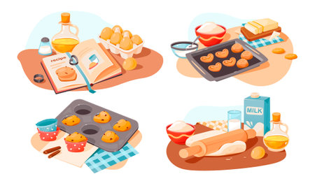 Baking Ingredients. Products and kitchen tools for cooking baking recipes. A set of vector illustrations of baking.のイラスト素材