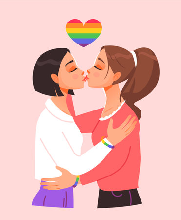 LGBT. Lesbian couple kissing and hugging. Romantic sexual relations between women. lesbian lovers. cartoon vector illustration.のイラスト素材