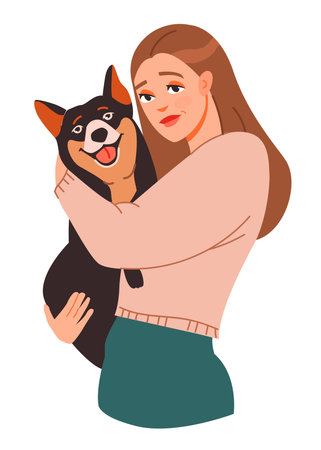 pet owner. A young woman hugs a dog. Flat vector illustration.のイラスト素材
