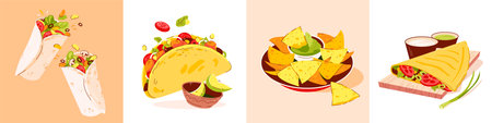 Mexican food set. Mexican cuisine with various dishes. vector flat illustrationのイラスト素材