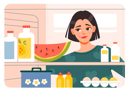 Hungry woman checking refrigerator with food. Flat vector illustration.のイラスト素材