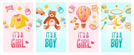 Baby shower greeting cards and invitations set. It's a girl. It's a boy. Items for newborn baby care. Cartoon vector template for social networks.のイラスト素材