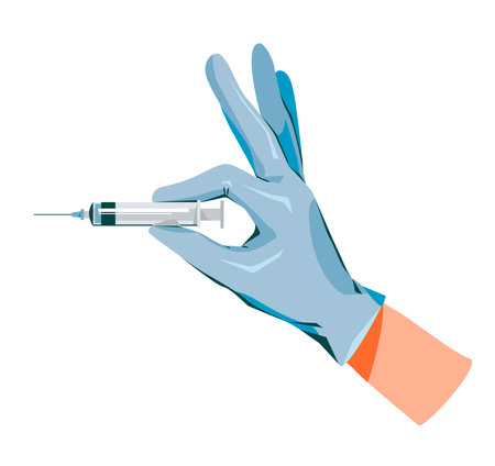 World Immunization. Hand syringe. Syringe with vaccine. Cartoon vector flat illustration.のイラスト素材