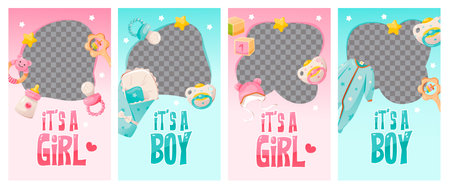 Baby shower template for social networks or a greeting card with a place for a photo. It's a girl. It's a boy.のイラスト素材