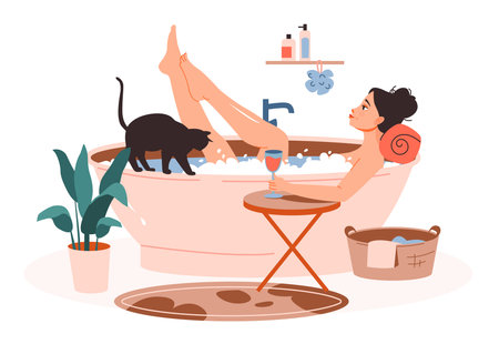 A young woman takes a bath with a glass of wine. A girl with a cat in the bathroom relaxes in hot water with foam. daily self care. Flat cartoon vector illustration.のイラスト素材