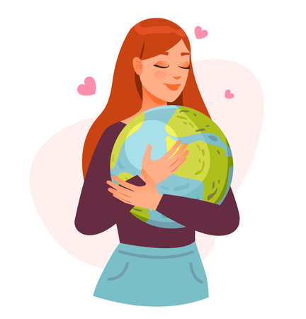 A woman embraces the planet earth. Ecology concept. Save the earth. cartoon vector illustration.のイラスト素材