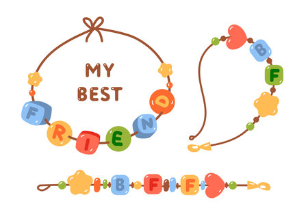 Best friend bracelet. Handmade beads bracelet. Cartoon 90s funky bracelets. Old Friendship bands with letters. hand drawn vector illustrationのイラスト素材
