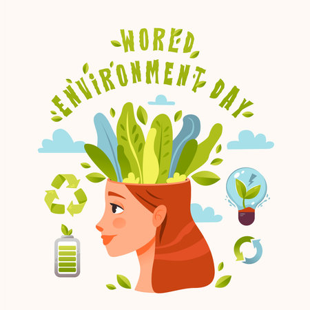World Environment Day. A girl with flowers growing out of her head. Eco life, green energy. Ecology concept. cartoon vector illustration.のイラスト素材