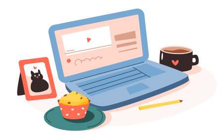 A pleasant pastime. Relaxing at home while watching videos on a laptop. Cozy home office. Flat vector illustration.のイラスト素材