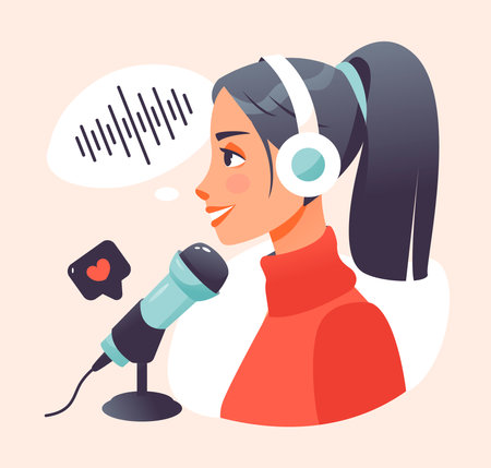 A woman with headphones and a microphone is recording a podcast. The concept of podcasting, blogging, radio broadcasting. cartoon vector illustrationのイラスト素材