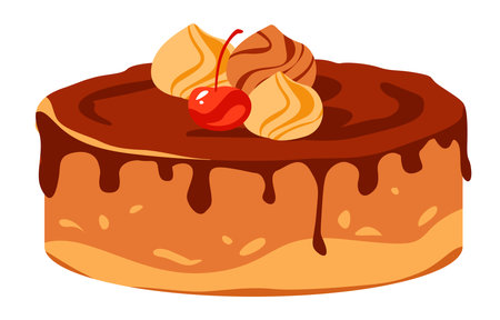 Chocolate cake with a cherry. Vector illustration of a sweet dessert. Homemade cakes.のイラスト素材