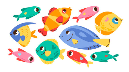 Cute sea fish. sealife. underwater world. Cartoon vector characters with smiling faces.のイラスト素材