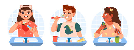 dental hygiene. Kids in pajamas are brushing their teeth. Flat vector illustration.のイラスト素材