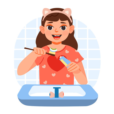dental hygiene. Baby girl brushing her teeth in pajamas. Flat vector illustration.のイラスト素材