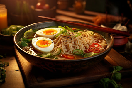 Ramen, Japanese dish with wheat noodles and eggs. Asian food.の素材