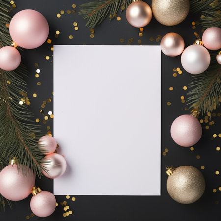An empty sheet of paper on a background of Christmas toys and confetti. Letterhead template on a festive New Year's background.の素材