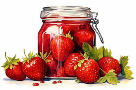 A jar of strawberry jam on a white background. Homemade sweets.の素材