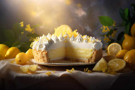 Lemon pie on a dark background with flowers and lemons. Homemade healthy pastries.の素材