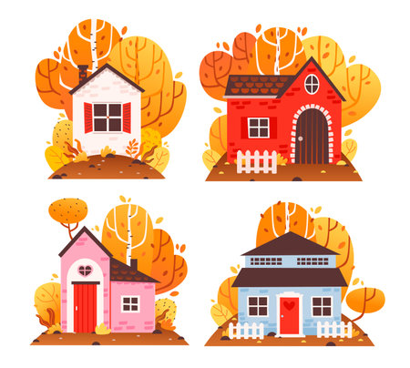 Cozy autumn houses collection. A house on the background of an autumn landscape. Cartoon vector illustration.のイラスト素材