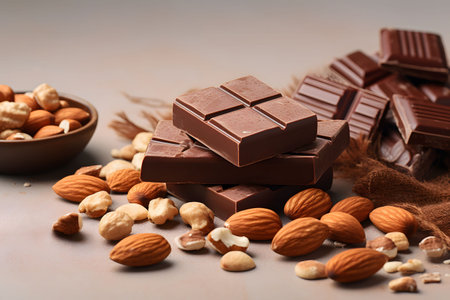 Chocolate bars with nuts. Sweets with pistachios, walnuts, peanuts. Promotional commercial photoの素材