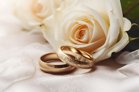 Wedding rings on a background of white roses. Marriage concept.の素材