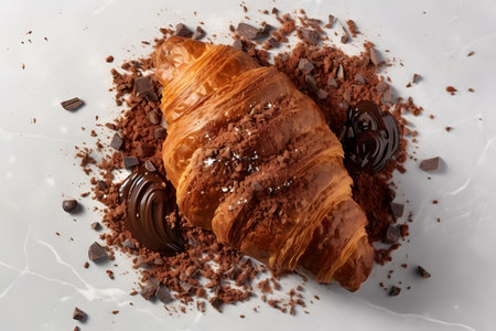 Croissant in chocolate chips on a marble surface. Homemade cakes. Promotional commercial photo.の素材