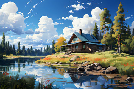 Summer or spring landscape with a lake house and blue sky on a sunny day. Flat illustrationの素材