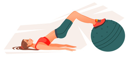 A sporty woman in sportswear is engaged in sports or fitness. The girl does exercises on the press. cartoon vector illustration.のイラスト素材