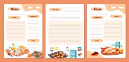 Recipe cards and meal planner. Template cookbook sheets for recipe, notes on cooking and ingredients. Vector cartoon illustrationのイラスト素材