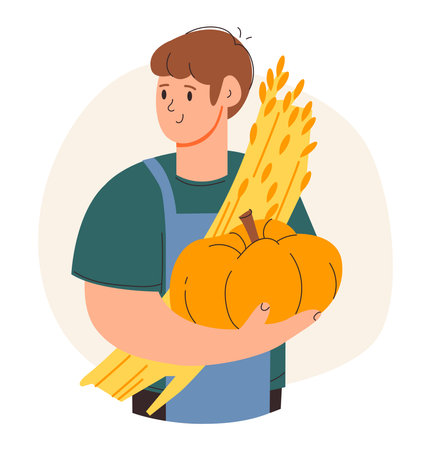 A farmer man with a vegetables in his hands. Vegan food. Harvesting. Flat vector lustration.のイラスト素材