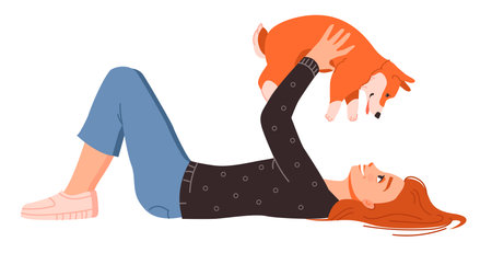 Pet owner. Young woman playing with a puppy. Flat vector illustration.のイラスト素材