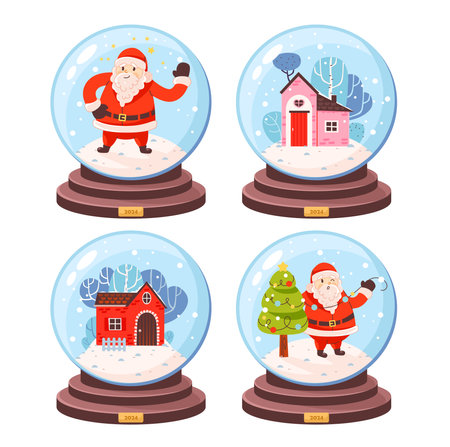 Glass snow globe with a cozy house and Santa Claus. Home in a crystal bubble. Christmas decoration. Cartoon vector illustration.のイラスト素材