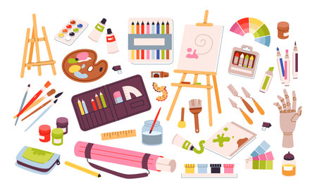 Art supplies for drawing set. Painting tools and art class studio supplies. Painters equipment, drawing stationery. Flat vector illustrationのイラスト素材