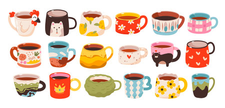 Cups of tea and coffee drinks set. Cute trendy hand drawn mugs with ornaments. Ceramic Crockery. Flat vector illustration isolated on white background.のイラスト素材