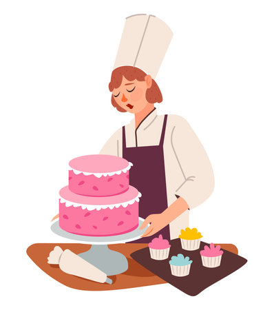 The pastry chef makes a cake. Confectioner character decorates the cake. Flat vector illustrationのイラスト素材