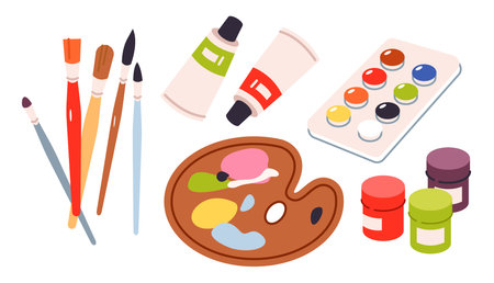 A variety of paints and brushes. Drawing materials and art supplies for drawing. Flat vector illustrationのイラスト素材